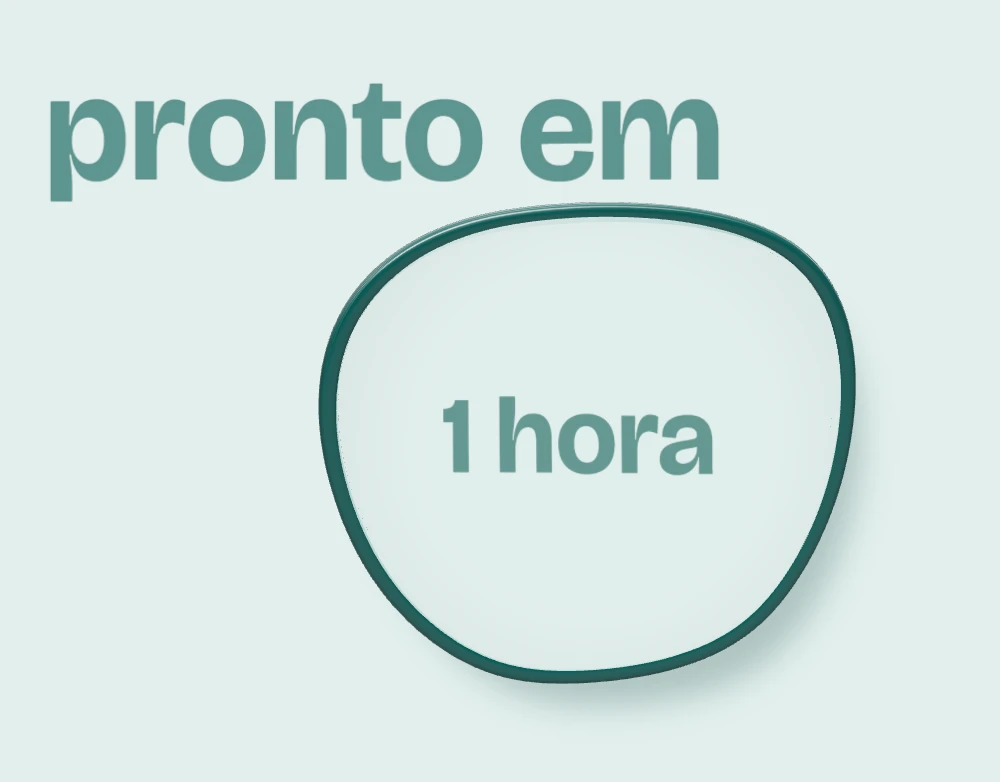 Lente de óculos cortada no formato da armação e encaixada num aro fino, com as palavras pronto em 1 hora ao fundo